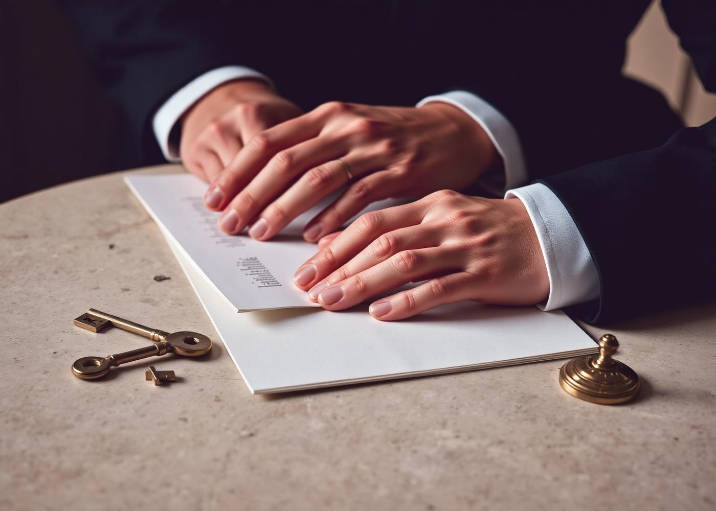 Signature d'un mandat de vente à l'étude, clés en laiton posées sur une table en pierre